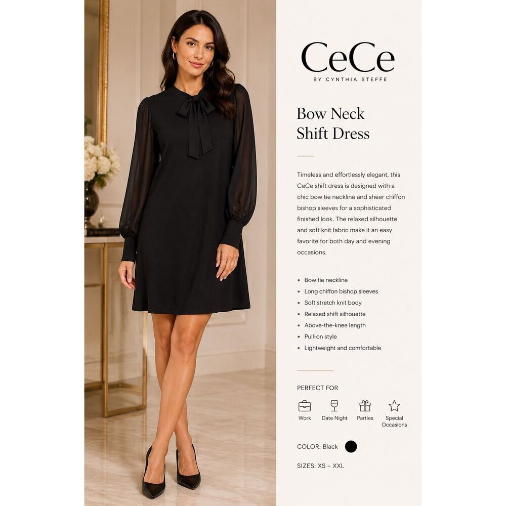 CeCe Black Long Sleeve Bow Neck Shift Dress NWOT